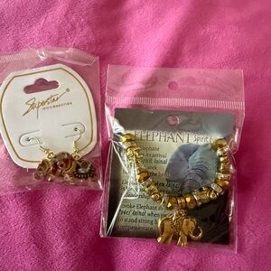 Elephant Charm Earrings and Gold Elephant Bracelet Set